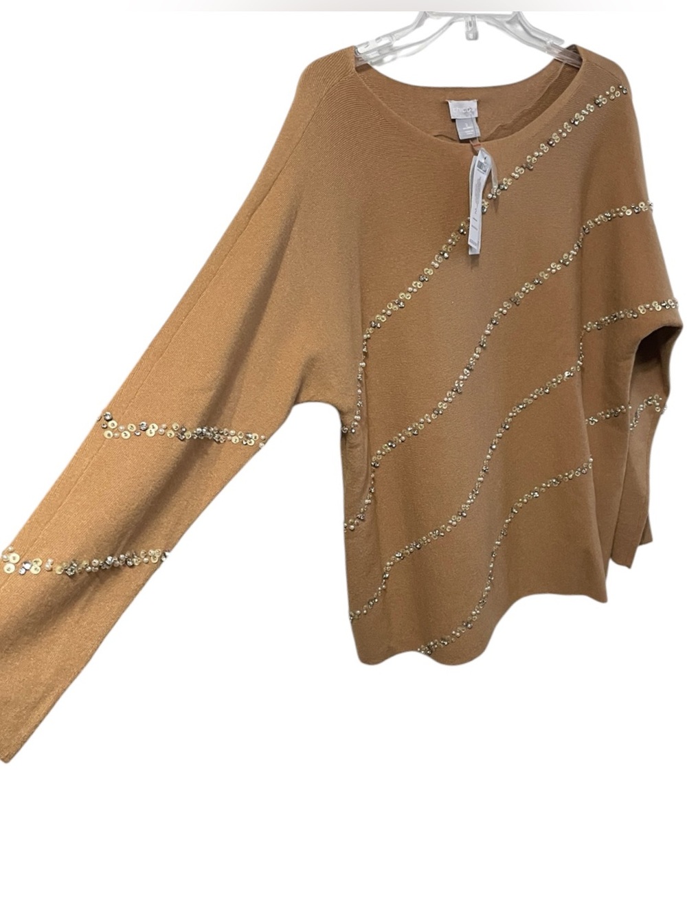 Chico's Beige Diagonal Beaded Embellished Soft Pullover Sweater Top Sz 2/L - Picture 16 of 16